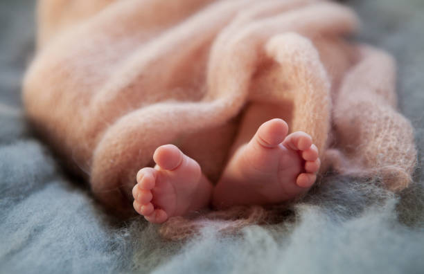 Close up crop legs of newborn baby wrapped in warm knitted blanket stock photo