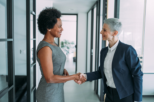 Business people shaking hands in modern office. Shot of two cheerful businesswomen handshaking during a meeting in the office.