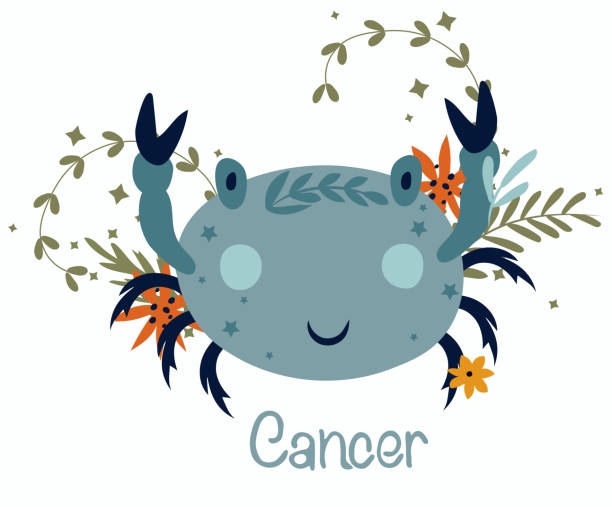 ilustraciones, imágenes clip art, dibujos animados e iconos de stock de cáncer. lindo signo zodiacal con hojas coloridas, flores y estrellas alrededor. lindo cáncer perfecto para carteles, logotipo, tarjetas. zodíaco de cáncer astrológico. ilustración vectorial. - kaleidoscope planet