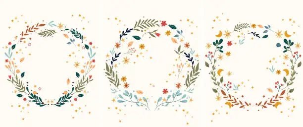 Vector illustration of Vintage floral wreaths with colorful flowers, leaves, moon and stars around. Bright floral frame Perfect for greeting cards, poster, postcard, banner. Vector illustration.