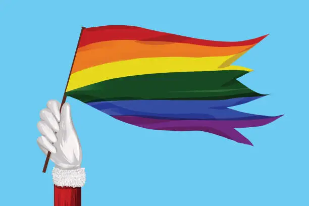 Vector illustration of Santa Claus hand holding LGBT flag