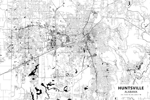 Huntsville, Alabama, USA Vector Map Poster Style Topographic / Road map of Huntsville, AL. Map data is open data via openstreetmap contributors. All maps are layered and easy to edit. Roads are editable stroke. map alabama cities stock illustrations