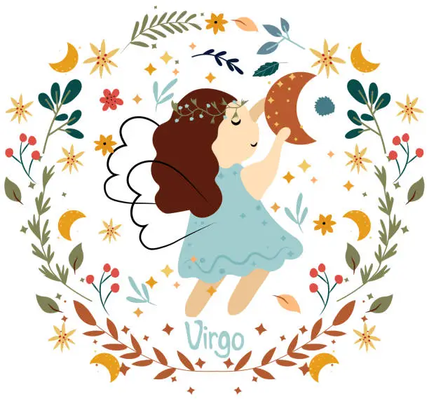 Vector illustration of Virgo Zodiac in a colorful wreath of leaves and flowers around. Cute Virgo perfect for posters, logo, cards. Astrological Virgo zodiac. Vector illustration.