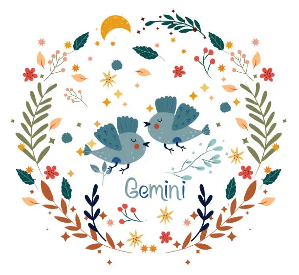 Vector illustration of Gemini. Cute Zodiac in a colorful wreath of leaves, flowers and stars around. Cute birds Gemini perfect for posters, logo, cards. Astrological Gemini zodiac. Vector illustration.