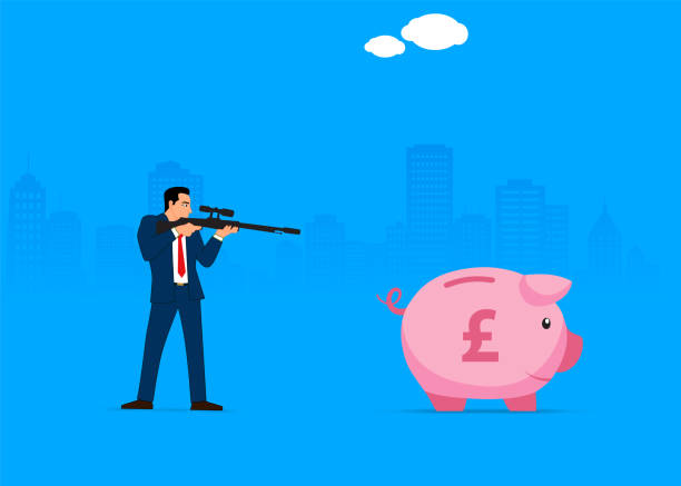 der mann schießt mit einer pistole auf das sparschwein. pfund sterling. - chasing piggy bank pursuit thief stock-grafiken, -clipart, -cartoons und -symbole