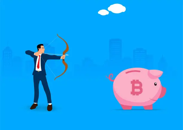 Vector illustration of The man shoots the piggy bank with a gun. Bitcoin.