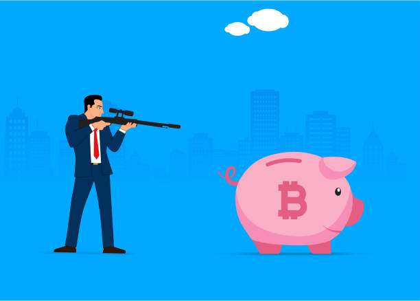 der mann schießt mit einer pistole auf das sparschwein. bitcoin. - chasing piggy bank pursuit thief stock-grafiken, -clipart, -cartoons und -symbole