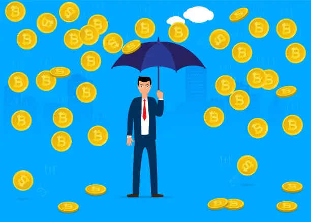 Vector illustration of Coin rain. Bitcoin.