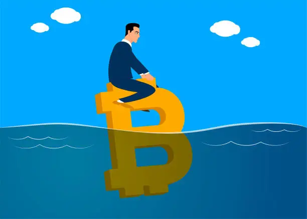 Vector illustration of Businessmen facing market risks, the economic crisis.... Bitcoin.