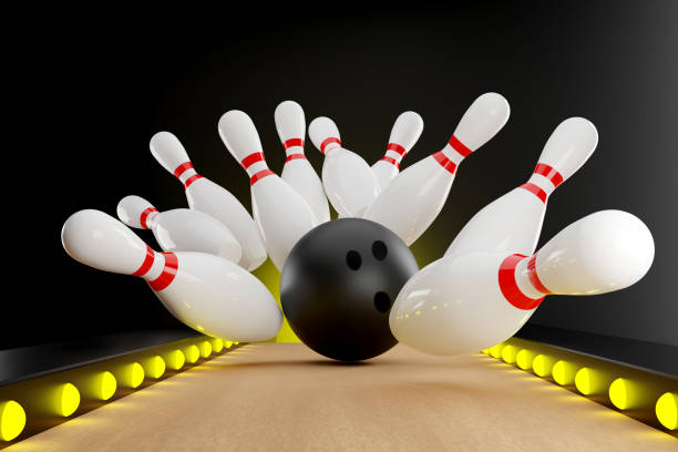 Bowling Action Ball Strikes the Bowling pins. 3d Illustration Bowling Action Ball Strikes the Bowling pins. 3d Illustration Render bowling alley wood stock pictures, royalty-free photos & images