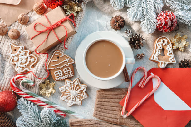 Christmas background flat lay top view, atmospheric decor and a cup of cocoa stock photo