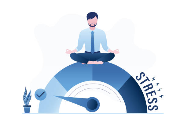 Stress test, employee relaxing without psychological pressure. Male clerk is calm and mentally healthy. Businessman sitting in lotus yoga pose on measuring scale. Break time. vector art illustration