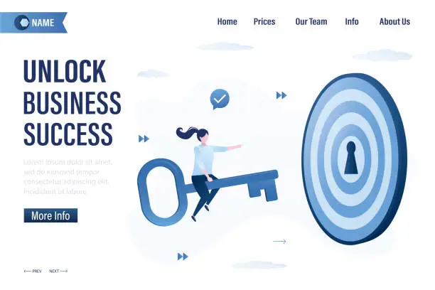 Vector illustration of Unlock business success, landing page template. Achieve business target. Successful career, goal achievement. Secret for success in work. Businesswoman flying on big key