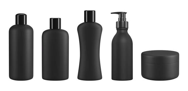 istock Black plastic cosmetic jar and bottles. Realistic vector mockup for skin cream, shampoo and shower gel design. 1444510219