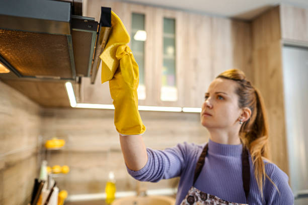 frau mit gelben reinigungsmitteln reinigt eine arbeitsplatte. - cleaning domestic kitchen counter top housework stock-fotos und bilder
