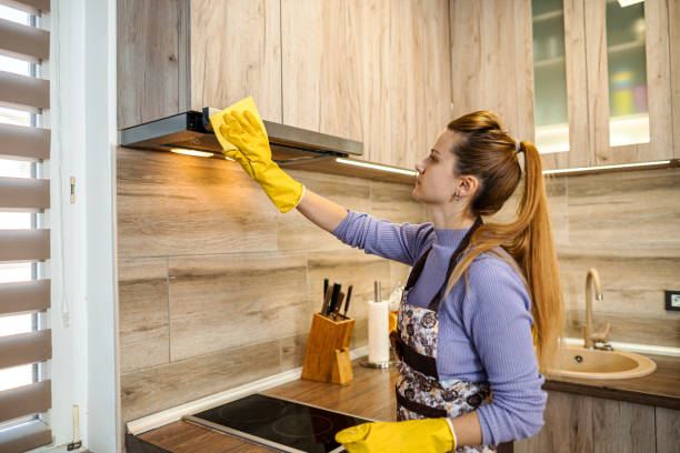 frau mit gelben reinigungsmitteln reinigt eine arbeitsplatte. - cleaning domestic kitchen counter top housework stock-fotos und bilder