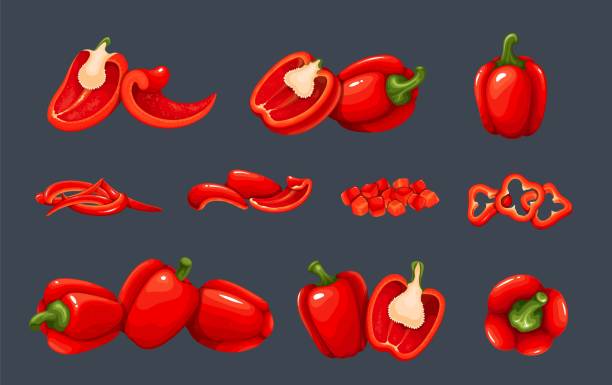 Red pepper set, whole paprika and cut in half or quarter, chopped slices and rings Red pepper set vector illustration. Cartoon isolated whole paprika and cut in half or quarter, chopped pieces of vegetable, bell pepper slices and rings for cooking from healthy vegetarian menu red bell pepper stock illustrations