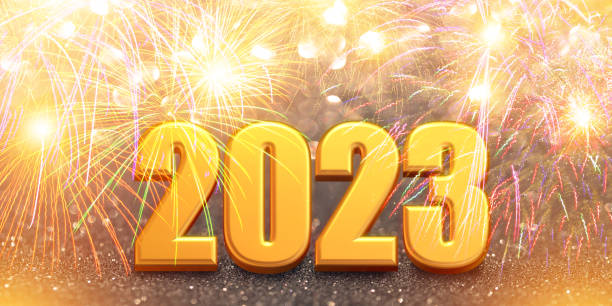 istock 2023 Numbers on background with fireworks and glitter. Concept New Year Celebration for web banner , display or montage your products. 1444515609