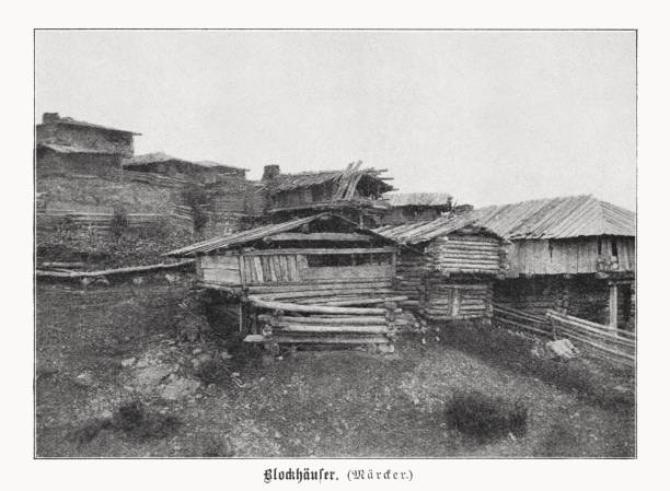 Wooden houses in Sakarya Province, Ottoman Empire (Turkey). Halftone print after a photograph by Märcker, published in 1899.