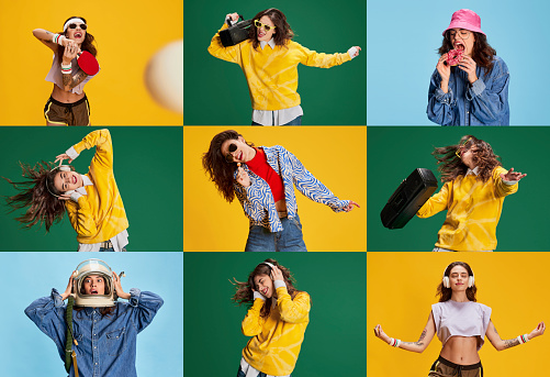 Collage. Portraits of young emotive, beautiful girl posing in different clothes isolated over multicolored background. Concept of youth, beauty, fashion, lifestyle, emotions, facial expression. Ad