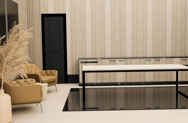 istock Interior of an informal meeting room, table in the center, decorative elements, sofas and repository furniture. 1444526440