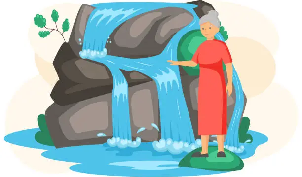 Vector illustration of Waterfall in mountaines natural landscape in park. Adult woman traveler enjoys beautiful nature