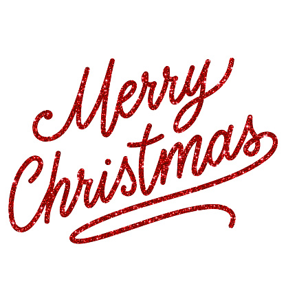 Merry Christmas greeting card with red glitter lettering on white background