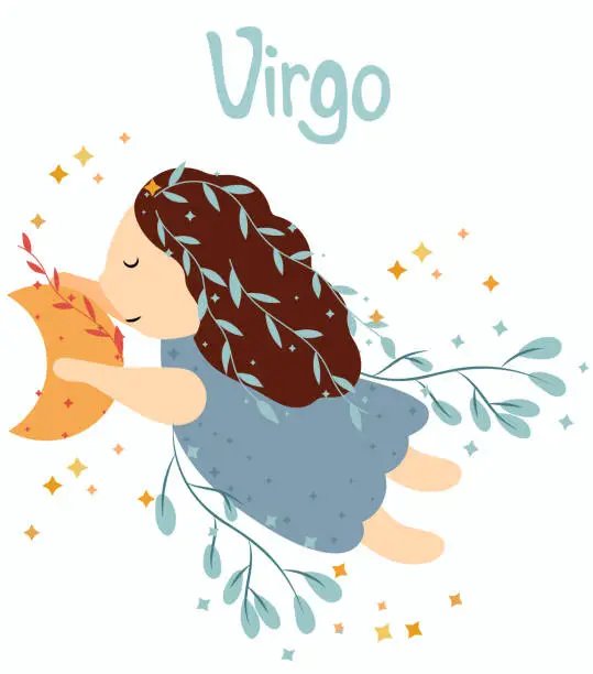 Vector illustration of Virgo astrological sign. Cute Zodiac sign with colorful leaves and stars around. Cute Virgo perfect for posters, logo, cards. Vector illustration.