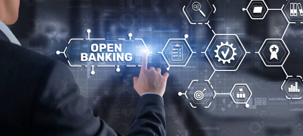 istock Open Banking Online Finance Concept. Man clicks on a virtual screen inscription 1444530976