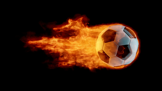 Fire ball. Blazing Soccer Ball or Football with bright flame tail on Dark background. 3D render.