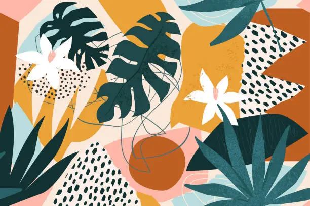 Vector illustration of Collage contemporary floral seamless pattern. Modern exotic jungle fruits and plants illustration in vector.