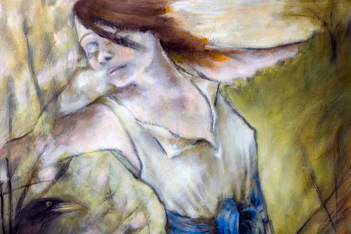 Sleeping Beauty, detail of oil painting of young woman, background with copy space, full frame horizontal composition