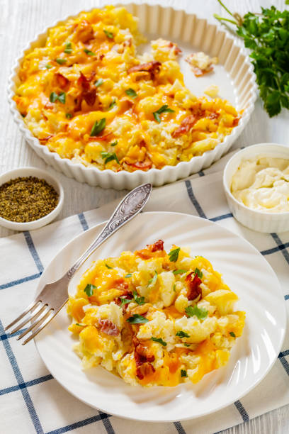 istock cauliflower bacon cheese casserole on white plate 1444542064