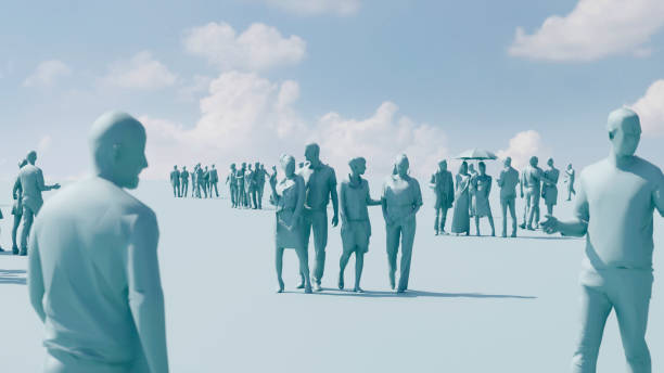 Crowd of people stand together outside. They are anonymous and made in 3D.