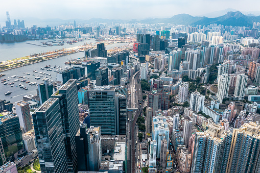 Drone view of City scape in Kowloon, Hong Kong