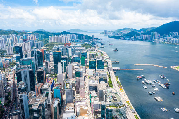 Drone view of City scape in Kowloon, Hong Kong stock photo