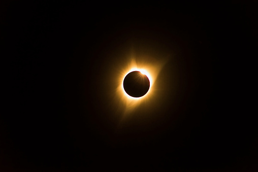 During a solar eclipse, totality occurs when the moon passes directly between the earth and the sun, and for a brief period, blocks much of the bright light from the sun.  Then the outer edges of the corona become visible.  The corona, the outermost part of the sun’s atmosphere, is usually invisible to us from earth because the light on the surface of the sun is so bright.  Even during totality, viewing requires glasses with special filters to protect the eyes.