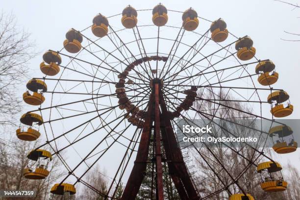 Abandoned Ferris Wheel In The Amusement Park Of Ghost Town Pripyat In Chernobyl Exclusion Zone Ukraine Stock Photo - Download Image Now