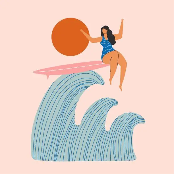 Vector illustration of Vector illustration with woman riding blue ocean wave on pink surfboard.
