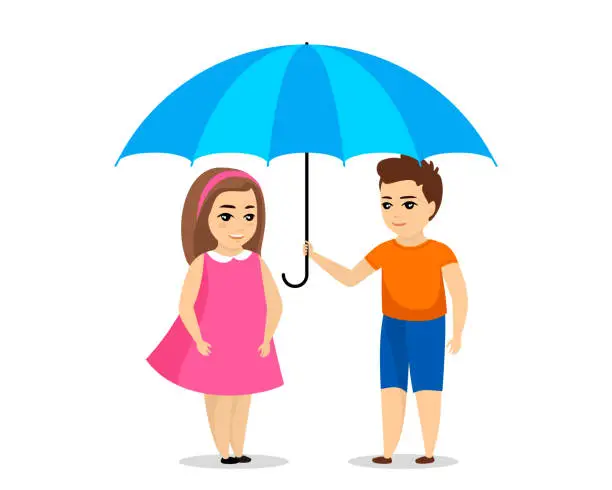 Vector illustration of Boy and girl under blue protection umbrella. Children life and health care insurance symbol concept. Kids safety healthcare. Caring son with daughter. Child safety vector illustration