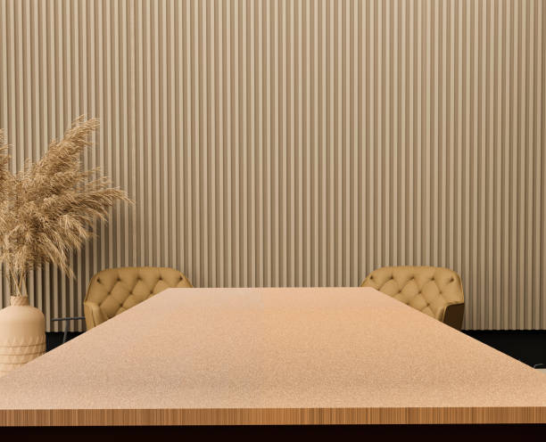 Informal meeting room interior, table in the center with copy space.