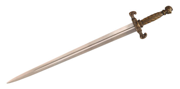 istock Old sword medieval weapon blade knight equipment with ornate handle isolated on white background 1444551619
