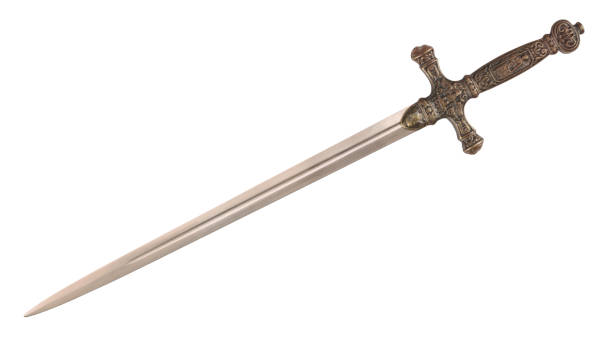 istock Old sword medieval weapon blade knight equipment with ornate handle isolated on white background 1444551656
