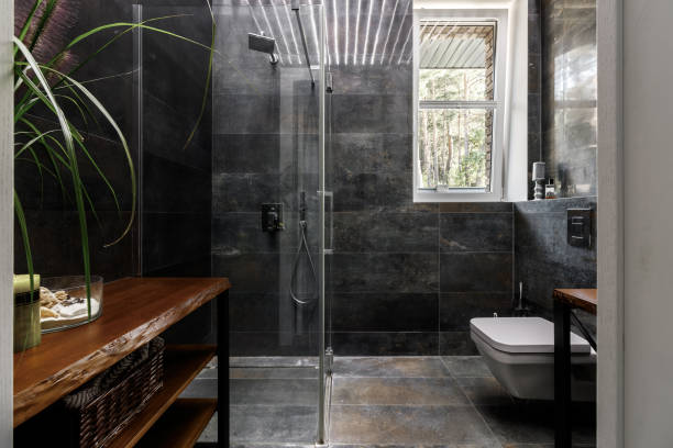 istock Modern bathroom in the house trimmed with black marble 1444552730