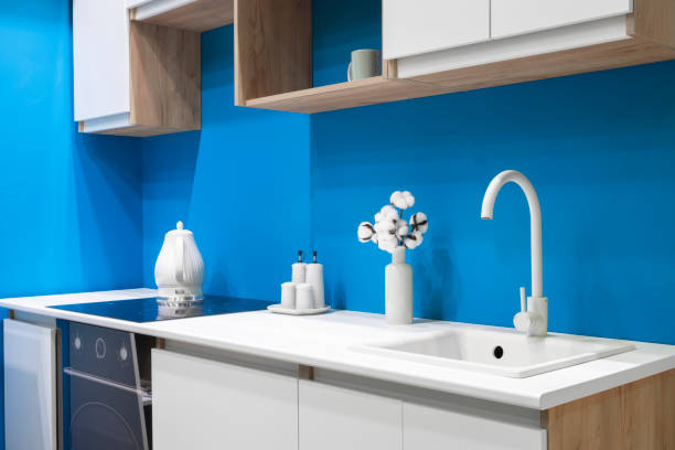 istock Kitchen interior. Modern kitchen washbasin with faucet in kitchen interior. 1444552801