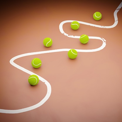 The tennis pitch line was drawn avoding the tennis balls! 3D digital illustration