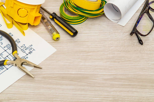 istock Kit spare parts and tools for electrical prepared before repair or setting, wizard is used for electricians repair 1444562420