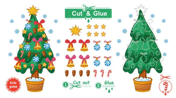 Vector illustration of Cut and glue Christmas tree decoration toys, paper education children game. Complete picture. Decorate New year holiday fir with cones, glass balls, bells use scissors. Kid logic learning task. Vector