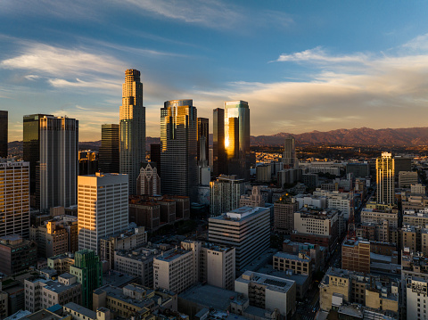 Drone shot of Downtown Los Angeles at sunset. \n\nThis still image is part of a series, a time lapse video is also available.