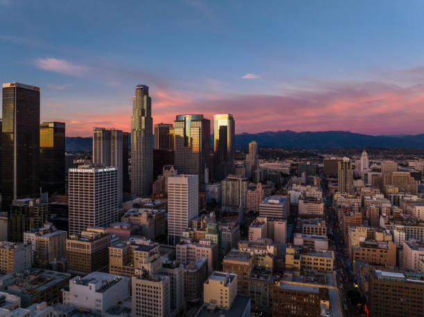 istock Pink Clouds Between the Downtown LA Skyline at Sunset - Aerial 1444567955